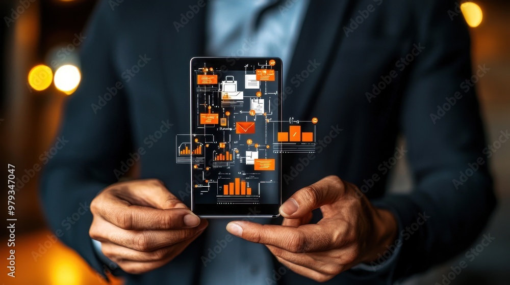 Poster a businessman holds a smartphone displaying data analytics, symbolizing modern technology and digita