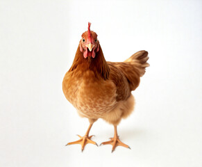 Fototapeta premium Curious brown hen standing on white background