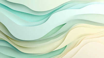 Obraz premium A paper cut wave background with flowing shapes in shades of mint green, pale yellow, and soft blue, with smooth layers creating subtle depth.