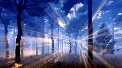 Dreamlike woodland landscape with supernatural fairy firefly lights soaring in sun rays in magic misty forest at scenic sunset before dark night. With no people fantasy illustration from my 3D render.