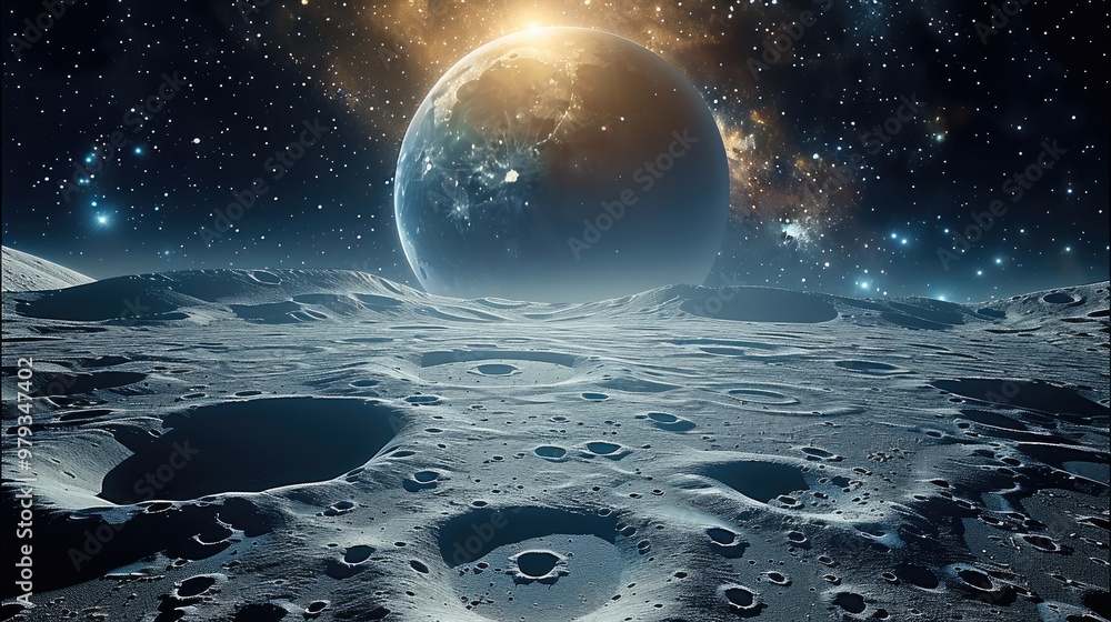 Poster the surface of the moon, looking out into space, a planet looming in the starry sky. generative ai.