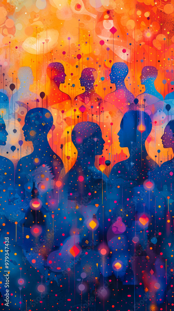 Poster vibrant unity and connection: diverse interlinked people shapes with dots and lines in blue, orange,