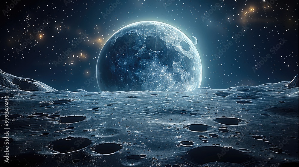 Poster the surface of the moon, looking out into space, a planet looming in the starry sky. generative ai.