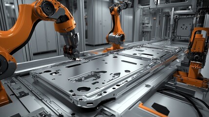 In the lightweight materials section, robotic arms are manufacturing aluminum and composite parts for EV chassis and body panels
