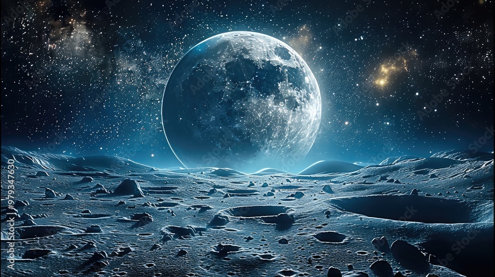 Poster the surface of the moon, looking out into space, a planet looming in the starry sky. generative ai.