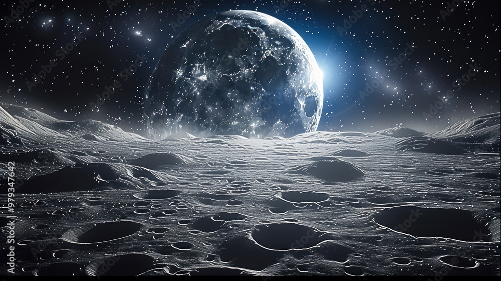 Poster the surface of the moon, looking out into space, a planet looming in the starry sky. generative ai.