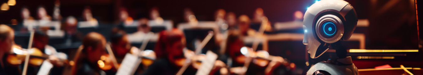 Android robot as part of a violin string section orchestra at an orchestral classical music concert. Artificial intelligence as automated entertainment, musical stock illustration