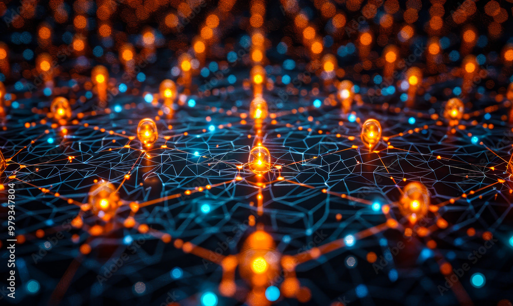 Poster harmonious digital connectivity network with glowing nodes representing intertwining information flo