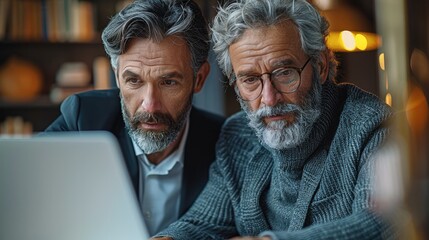 Two professional business executives working together at office meeting. Mature male manager consulting client or colleague looking at laptop discussing e-business project planning corporate strategy.