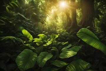 Sunlight filtering through the leaves of a tropical rainforest creating a warm glowing atmosphere, AI Generated