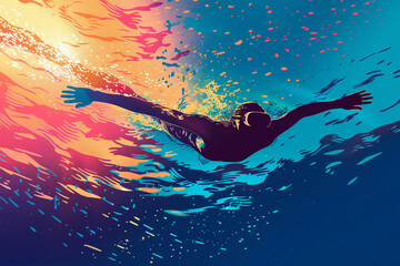 Male athlete swimmer doing a training exercise for a swimming sports race event by practising the breast stroke and diving underwater shown in a contemporary abstract painting, stock illustration