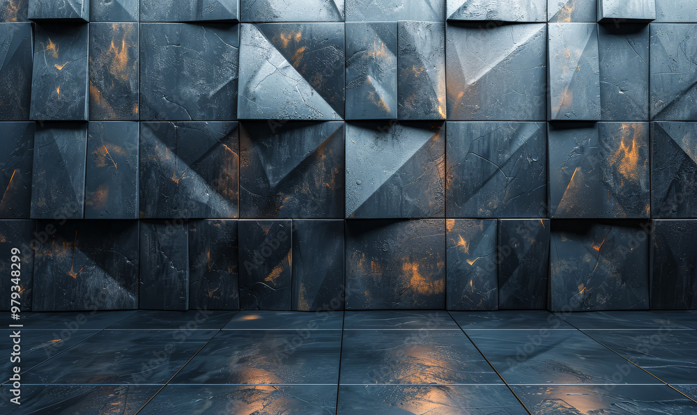 Aufkleber modern semigloss 3d triangular tile wall with black blocks in abstract geometric design, polished ba
