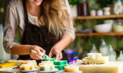 Woman Crafting Homemade Soap in a Cozy Kitchen, Focus on Handcrafted Soap Bars, Daytime, Creative Hobby, Eco-Friendly Self-Care