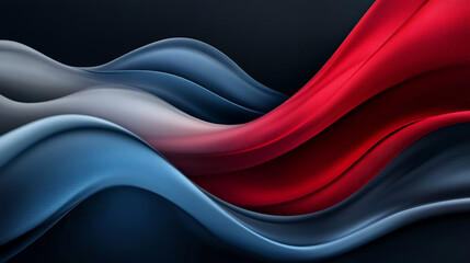 A smooth wave composition in deep crimson, royal blue, and dark charcoal gray, creating dynamic, flowing shapes in a dramatic design.