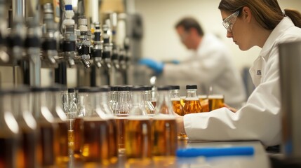 In the quality control lab, technicians analyze samples of beer for flavor
