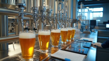 In the quality control lab, technicians analyze samples of beer for flavor