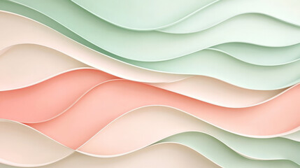 A soft pastel paper cut wave design in shades of blush pink, mint green, and light peach, with smooth curves for a calming, serene background.