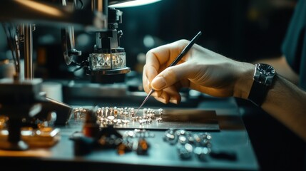 In the setting workshop, jewelers are meticulously setting diamonds and gemstones into gold and silver settings