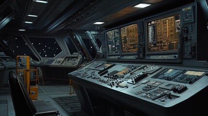 In the ship's superstructure assembly area, the bridge and control rooms are being constructed. The scene shows the installation of navigational equipment, radar systems
