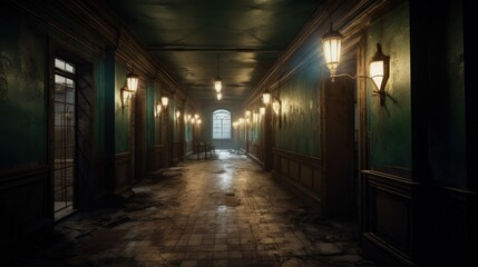 Eerie Hallway with Dim Lights