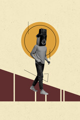 Vertical photo collage of anonym man instead head retro camera photo device capture paparazzi...