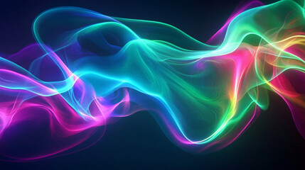 Obraz premium Bright neon color waves in shades of green, blue, and pink, forming abstract shapes that flow together with high energy.
