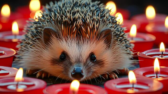 hedgehog surrounded by red burning candles, creating a cozy and warm atmosphere with a touch of whimsy.