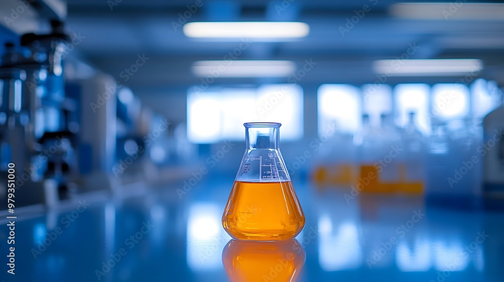 Aufkleber a single erlenmeyer flask filled with orange liquid in a laboratory setting