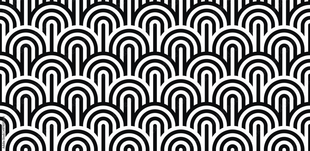 Aufkleber Vector seamless pattern. Stylish linear ornament. Geometric striped background with arches. Art deco thin monochrome swatch. Tileable print with a rounded grid.