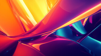 Dynamic gradient of neon orange, deep purple, and teal with sharp abstract shapes creating an energetic, futuristic background.