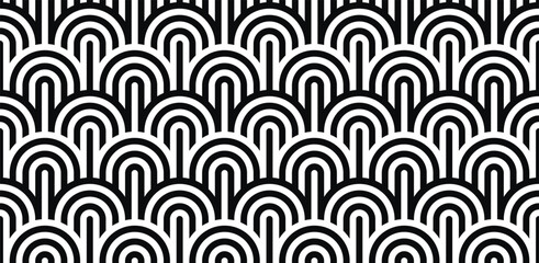 Vector seamless pattern. Stylish linear ornament. Geometric striped background with arches. Art deco thin monochrome swatch. Tileable print with a rounded grid.
