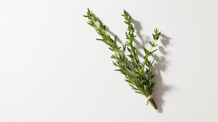 Obraz premium a single sprig of savory tied with cotton thread its small, pointed leaves tightly clustered against an isolated white background