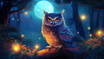 beautiful owl perched magical forest illuminated glowing moon fireflies