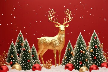 Naklejka premium Golden Reindeer Surrounded by Snow-Covered Christmas Trees with Red and Gold Ornaments