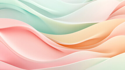 Layers of abstract pastel waves in soft pink, mint green, and light yellow, creating a flowing, dynamic design with smooth curves.