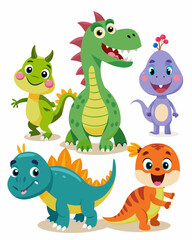 Set of Isolated Various Dinosaurs Cartoon Characters