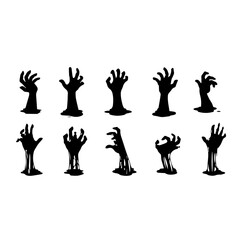 A zombie hand rising from the cemetery in a spooky night. Halloween party card - pumpkins and skeletons in the cemetery at night