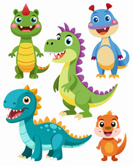 Set of Isolated Various Dinosaurs Cartoon Characters