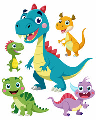 Set of Isolated Various Dinosaurs Cartoon Characters