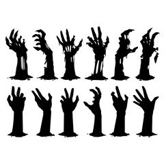 A zombie hand rising from the cemetery in a spooky night. Halloween party card - pumpkins and skeletons in the cemetery at night