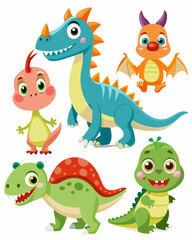 Set of Isolated Various Dinosaurs Cartoon Characters