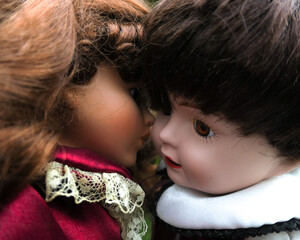 vintage, antique dolls kissing 