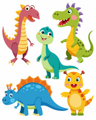 Set of Isolated Various Dinosaurs Cartoon Characters