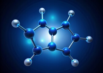A stunning 3D vector graphic of an anesthetic gas molecule, set against a dark blue backdrop with subtle gradient effects to represent the molecular structure, with precise lines, accurate color