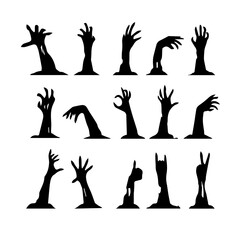 A zombie hand rising from the cemetery in a spooky night. Halloween party card - pumpkins and skeletons in the cemetery at night