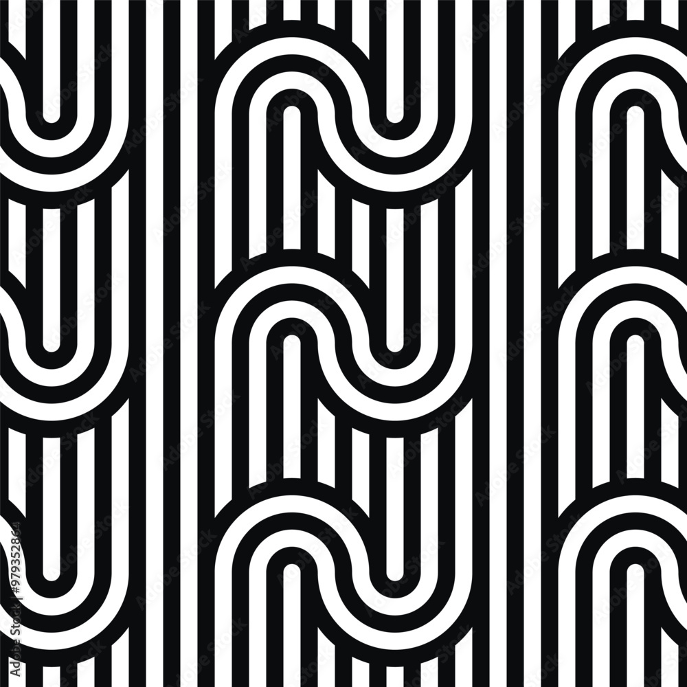 Poster Geometric lines seamless pattern. Elegant vector texture with stripes, squares, chevron, arrows. Abstract black and white linear graphic background. Retro sport style ornament. Repeat tiles geo design
