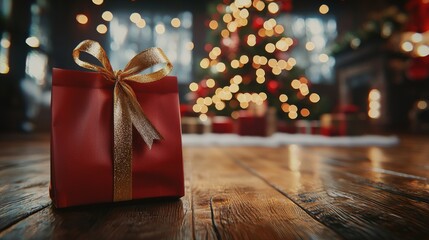 wooden floor for product display on background of room decorated with christmas tree with gift new year box, christmas atmosphere