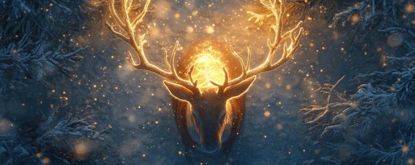 A mystical deer with glowing antlers illuminated against a snowy backdrop, radiating an enchanting winter aura.
