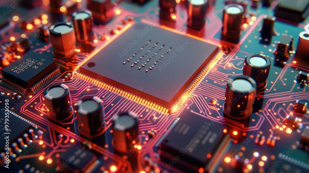 Aufkleber Electronic PCB board electronic, 3D components with colorful effects. Generative AI.