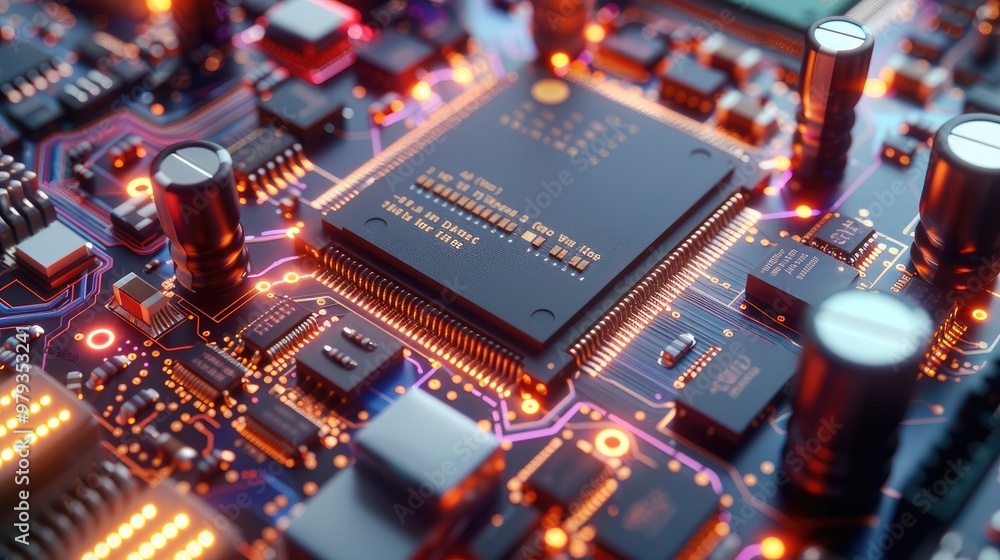 Aufkleber electronic pcb board electronic, 3d components with colorful effects. generative ai.